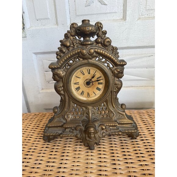 Antique 1880s Cast Iron Gold GIlt Clock Mermaids Womans Face Ornate Running - Picture 11 of 16